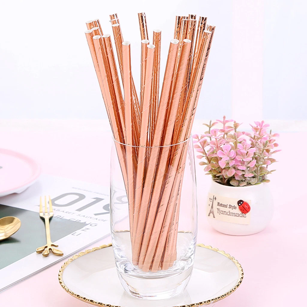 Disposable Handmade Rose Gold Paper Straws 25 Juice Dessert Family Party Bar Party Cocktail Drink Wholesale Purchasing